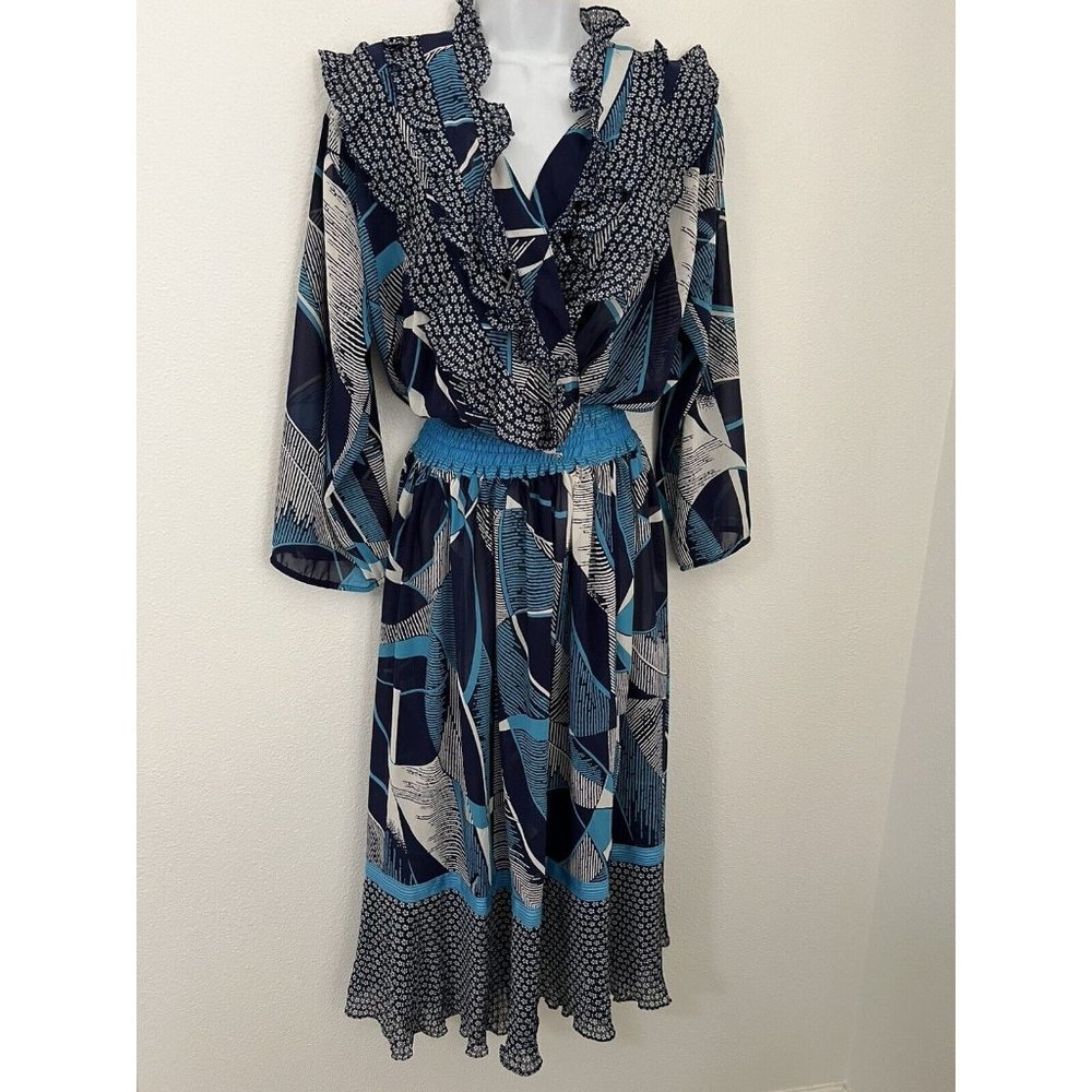 Vintage Lachine 80s Dress Boho Floral Patchwork Faux Wrap Maxi MIDI Dres…